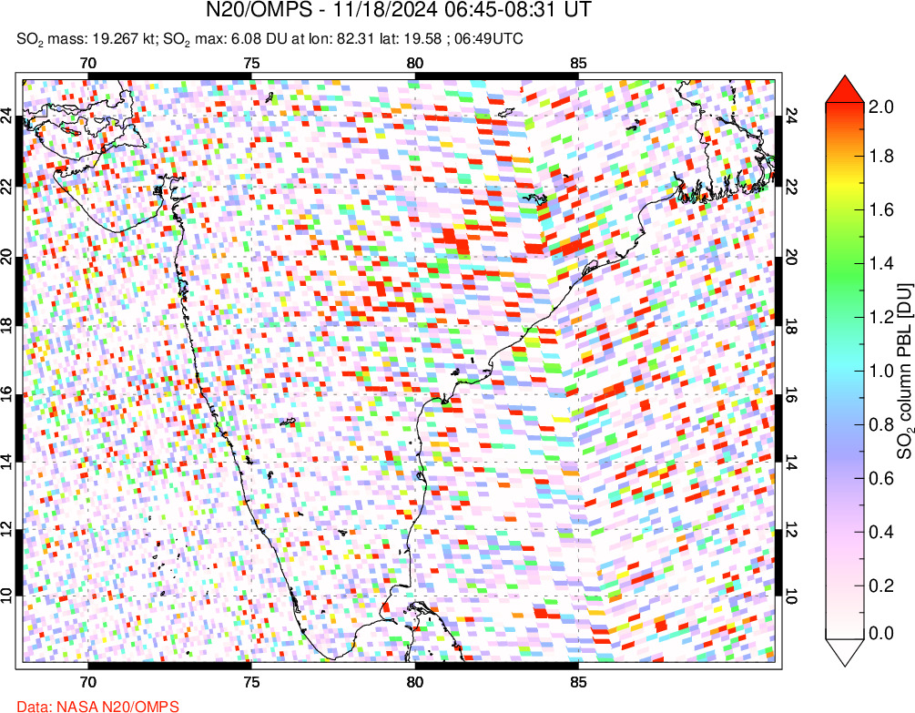 A sulfur dioxide image over India on Nov 18, 2024.