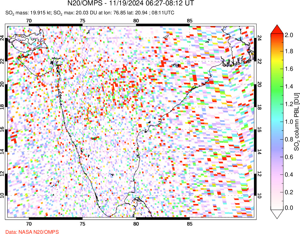 A sulfur dioxide image over India on Nov 19, 2024.