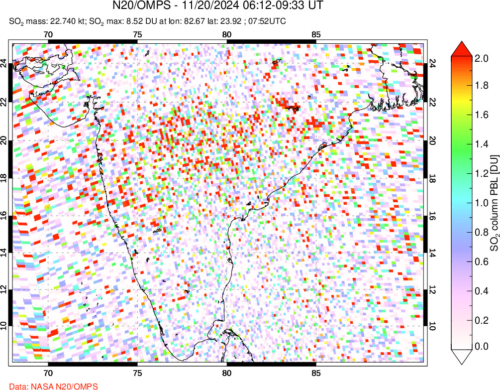 A sulfur dioxide image over India on Nov 20, 2024.