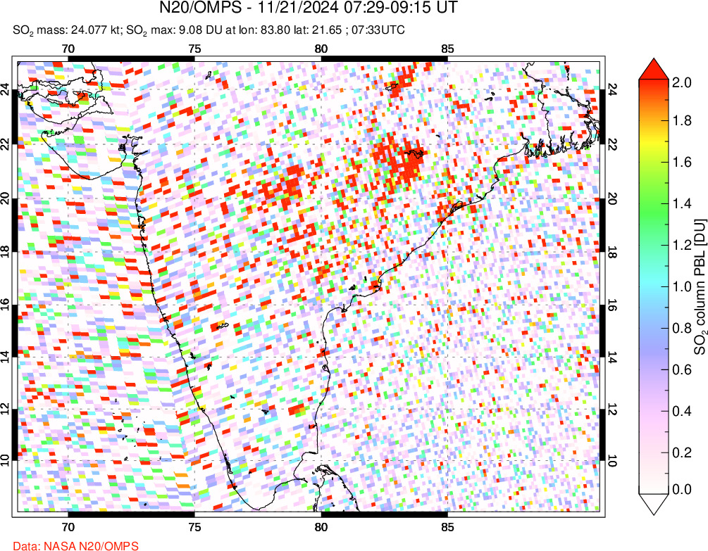 A sulfur dioxide image over India on Nov 21, 2024.