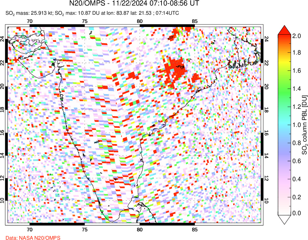 A sulfur dioxide image over India on Nov 22, 2024.