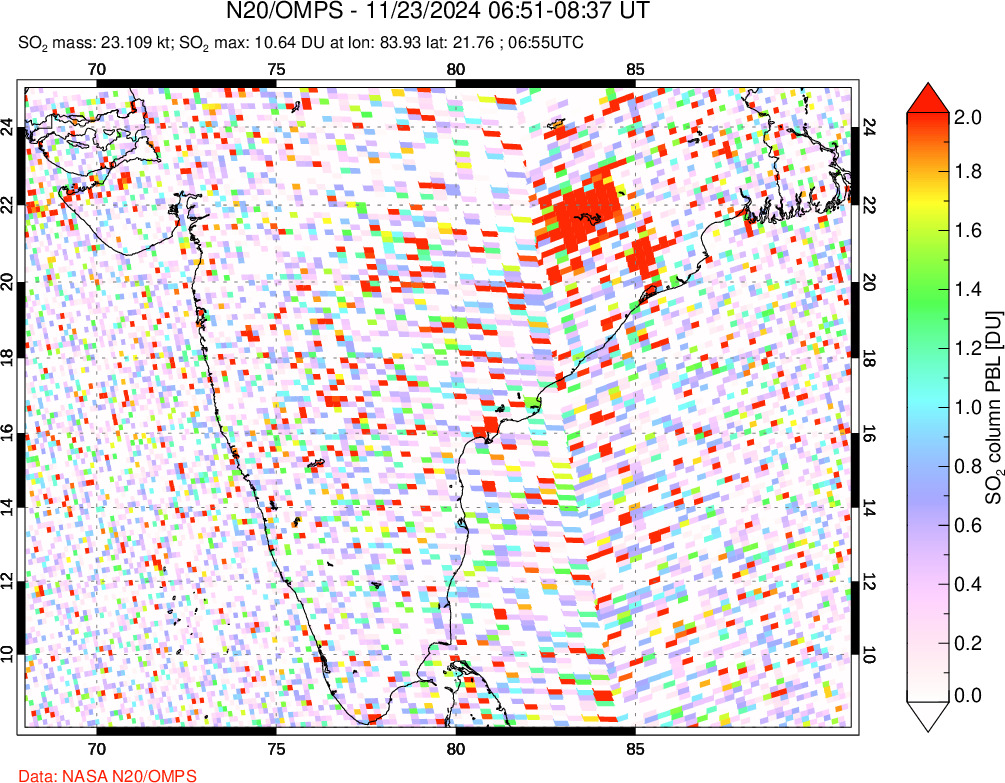 A sulfur dioxide image over India on Nov 23, 2024.