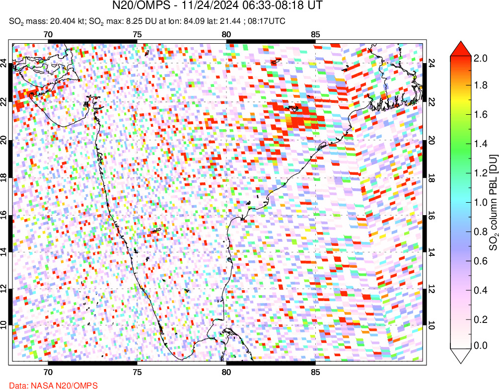 A sulfur dioxide image over India on Nov 24, 2024.