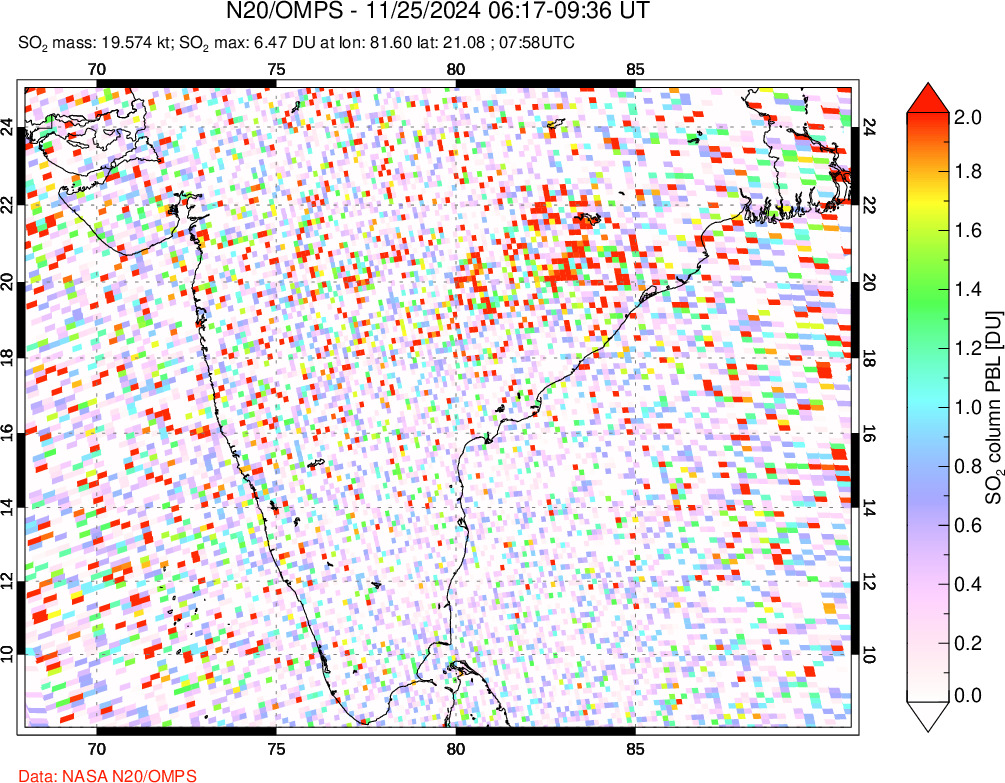 A sulfur dioxide image over India on Nov 25, 2024.