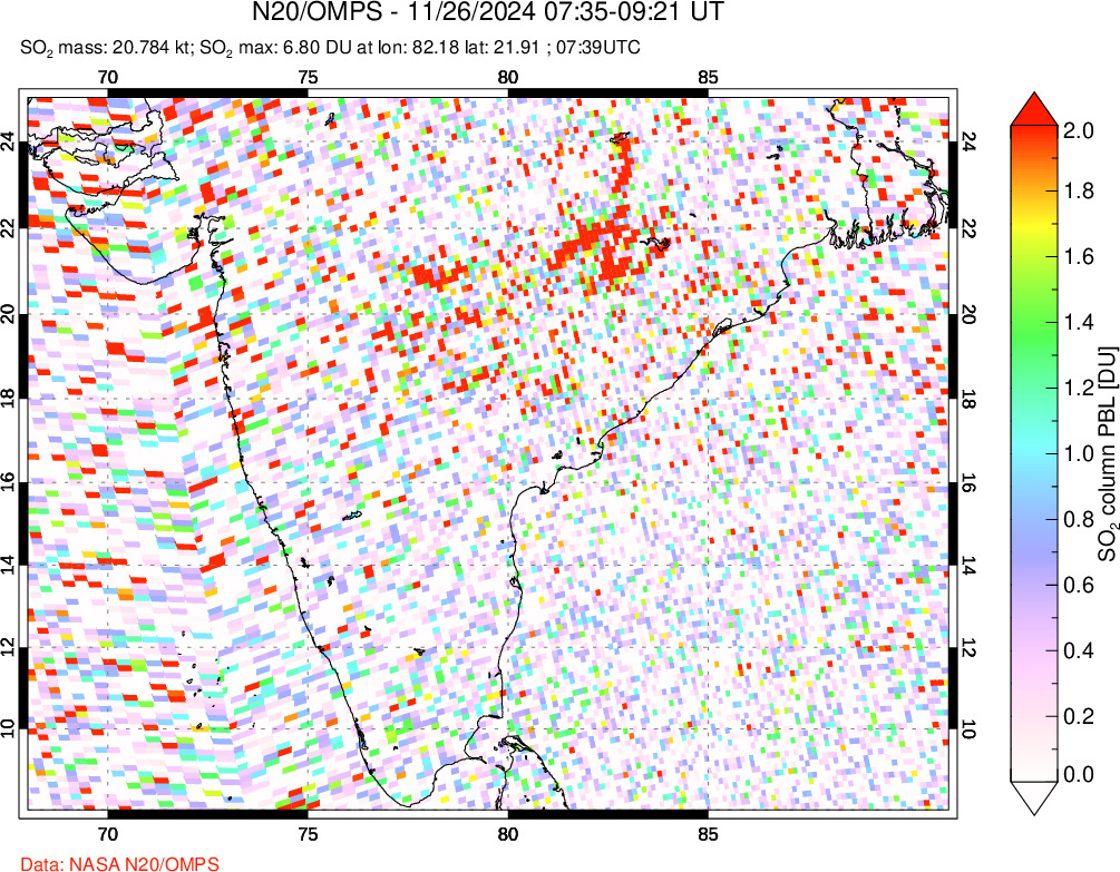 A sulfur dioxide image over India on Nov 26, 2024.