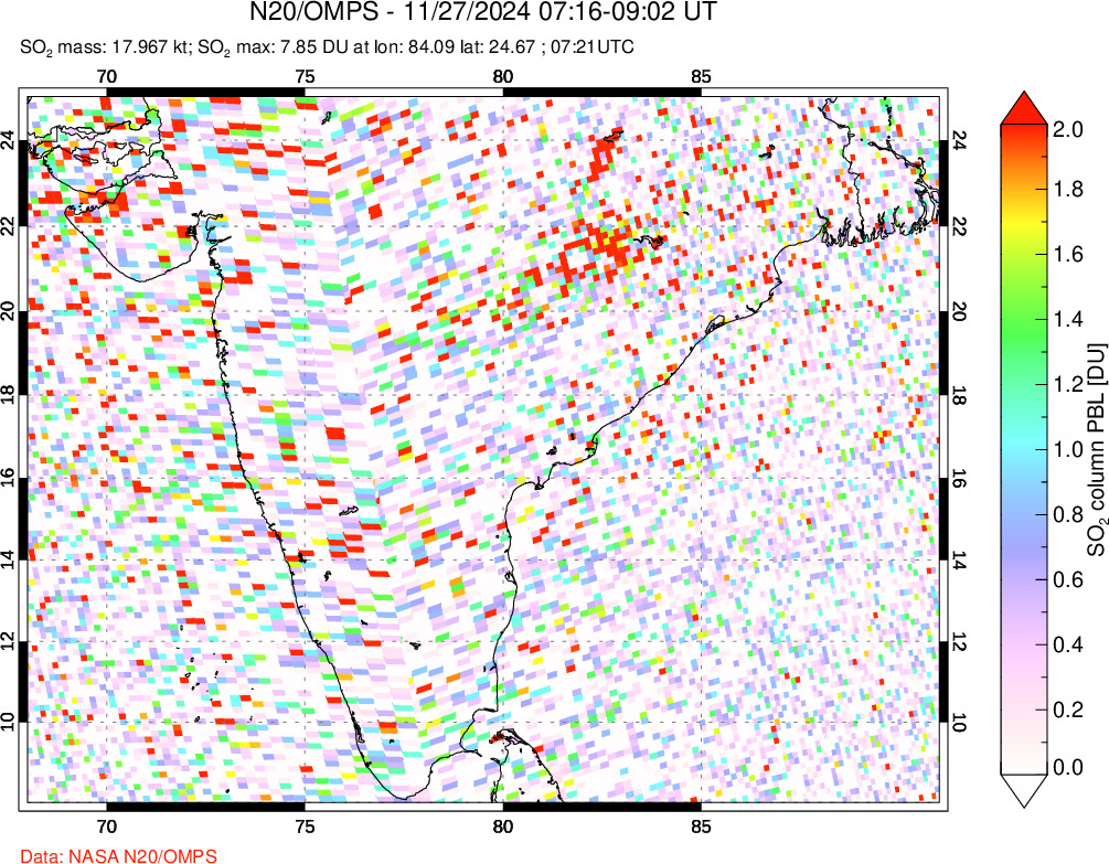 A sulfur dioxide image over India on Nov 27, 2024.