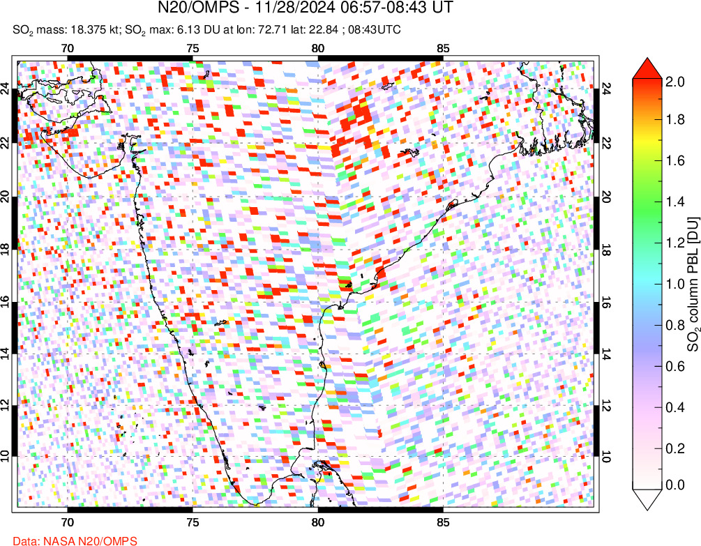 A sulfur dioxide image over India on Nov 28, 2024.