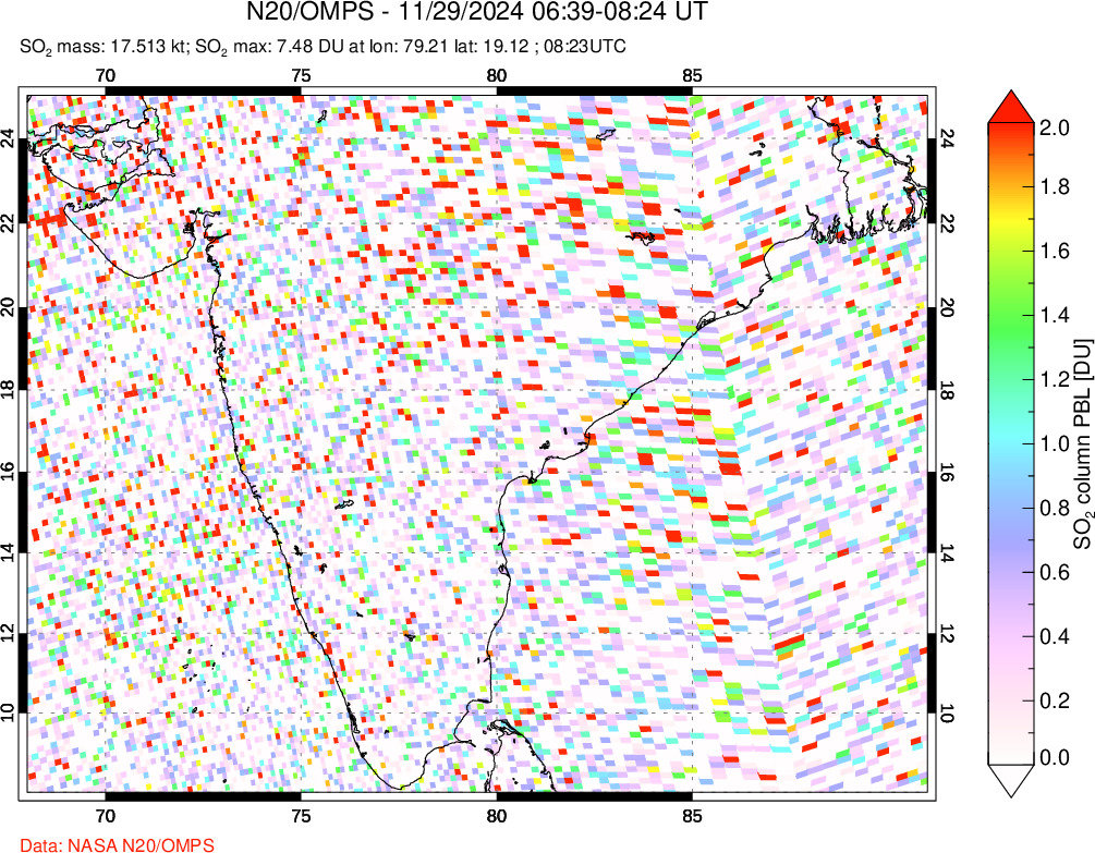 A sulfur dioxide image over India on Nov 29, 2024.