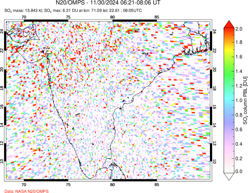 A sulfur dioxide image over India on Nov 30, 2024.