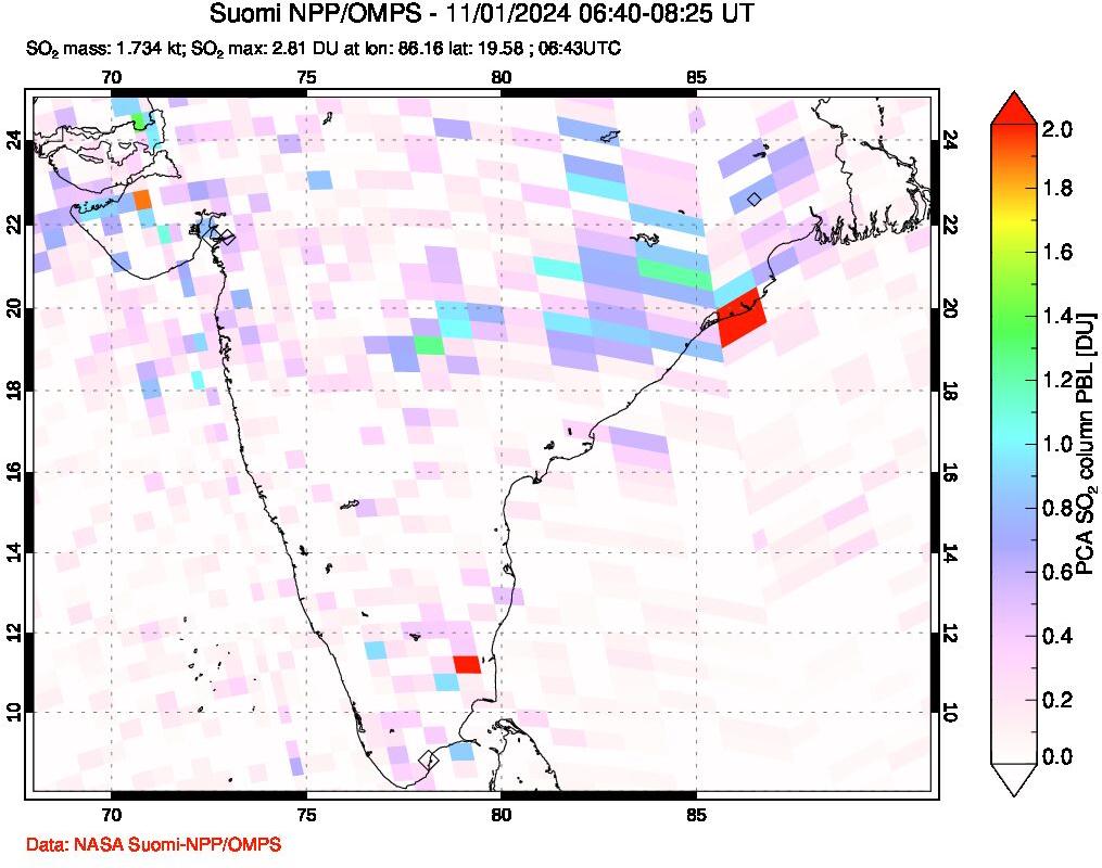 A sulfur dioxide image over India on Nov 01, 2024.