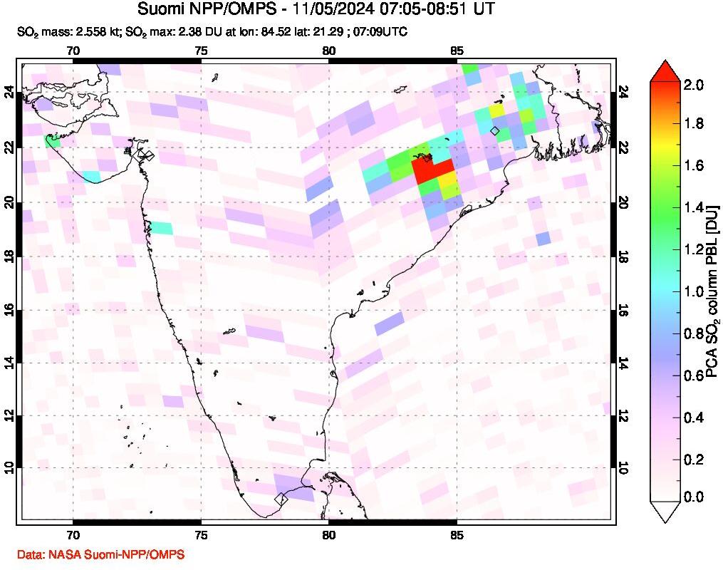 A sulfur dioxide image over India on Nov 05, 2024.