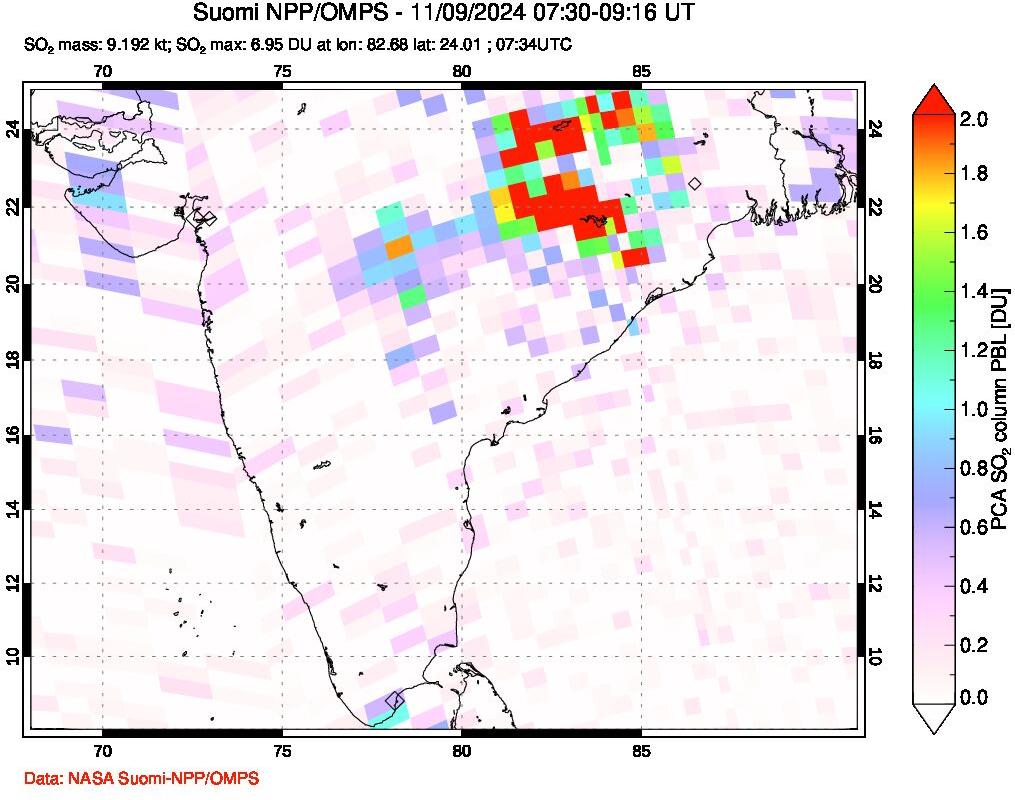 A sulfur dioxide image over India on Nov 09, 2024.