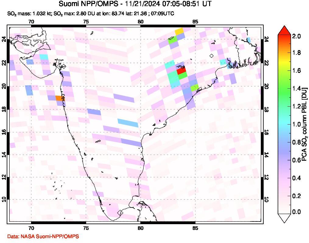 A sulfur dioxide image over India on Nov 21, 2024.