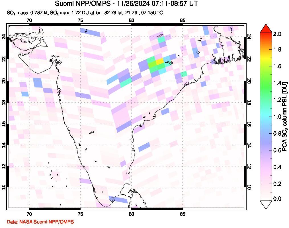 A sulfur dioxide image over India on Nov 26, 2024.