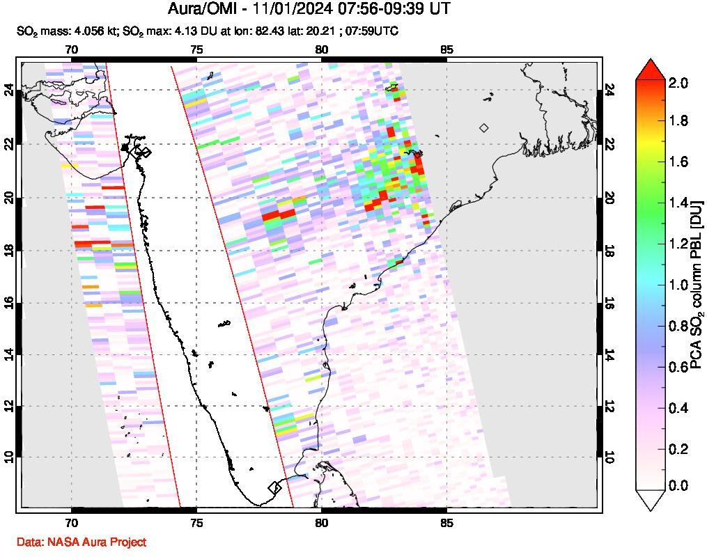 A sulfur dioxide image over India on Nov 01, 2024.