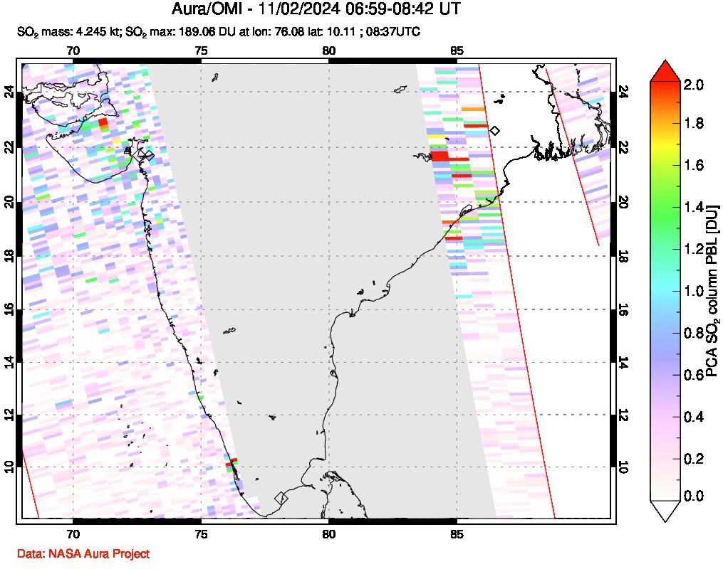 A sulfur dioxide image over India on Nov 02, 2024.