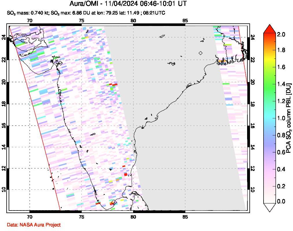 A sulfur dioxide image over India on Nov 04, 2024.