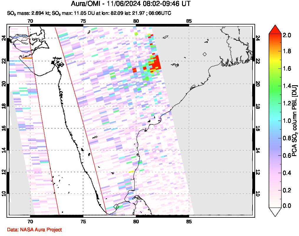 A sulfur dioxide image over India on Nov 06, 2024.