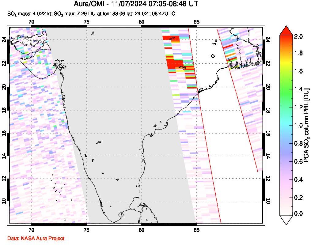 A sulfur dioxide image over India on Nov 07, 2024.