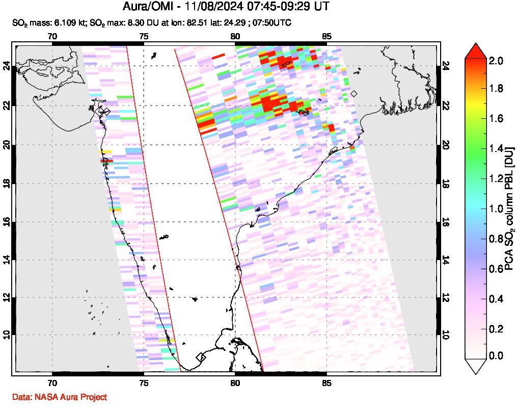 A sulfur dioxide image over India on Nov 08, 2024.