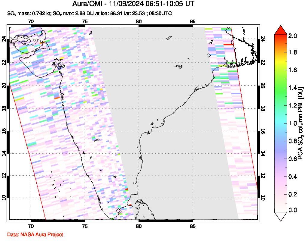 A sulfur dioxide image over India on Nov 09, 2024.