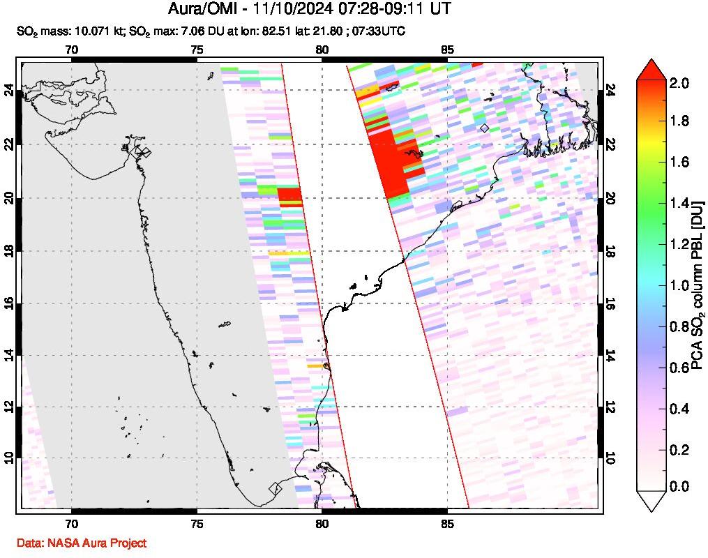 A sulfur dioxide image over India on Nov 10, 2024.