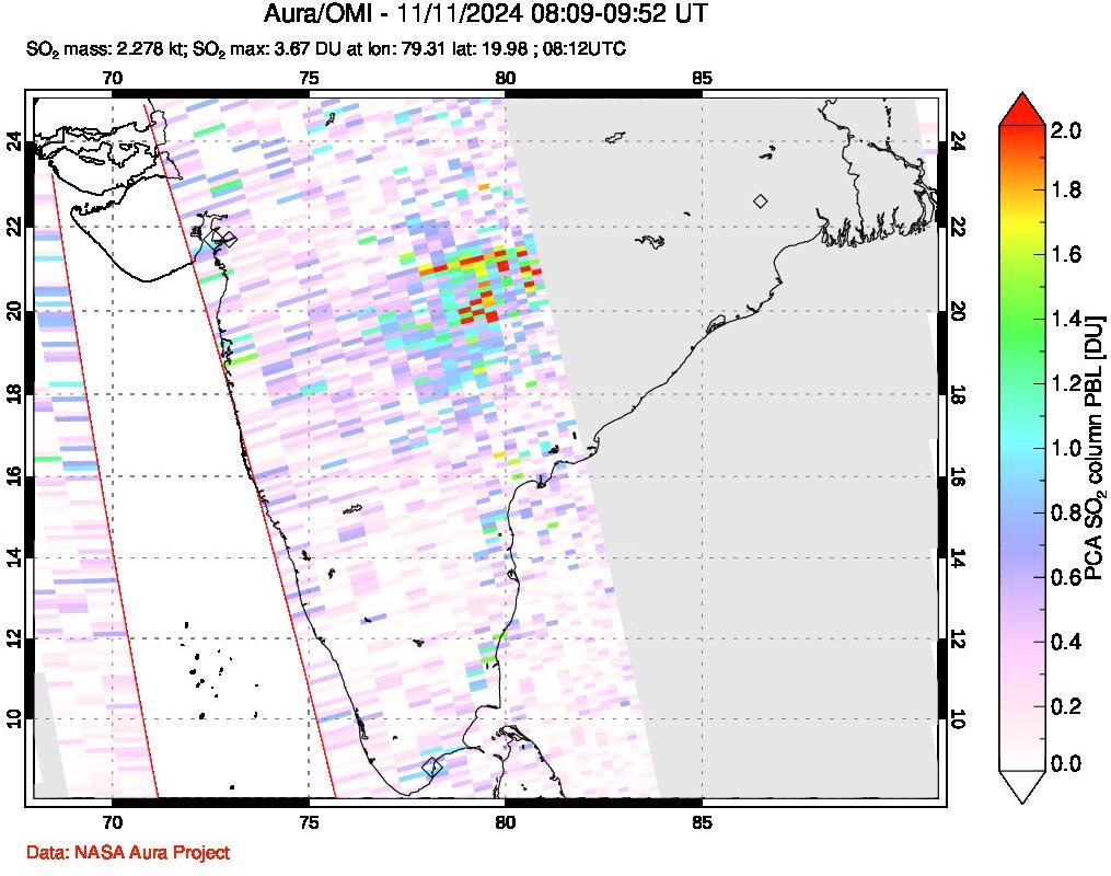 A sulfur dioxide image over India on Nov 11, 2024.