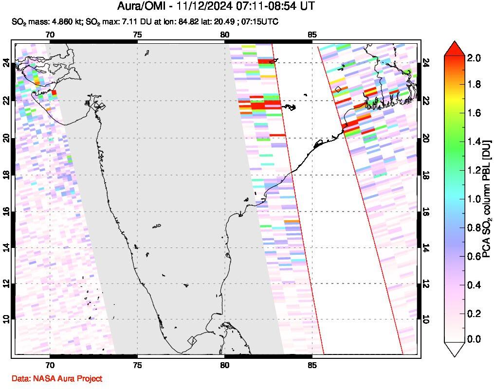 A sulfur dioxide image over India on Nov 12, 2024.