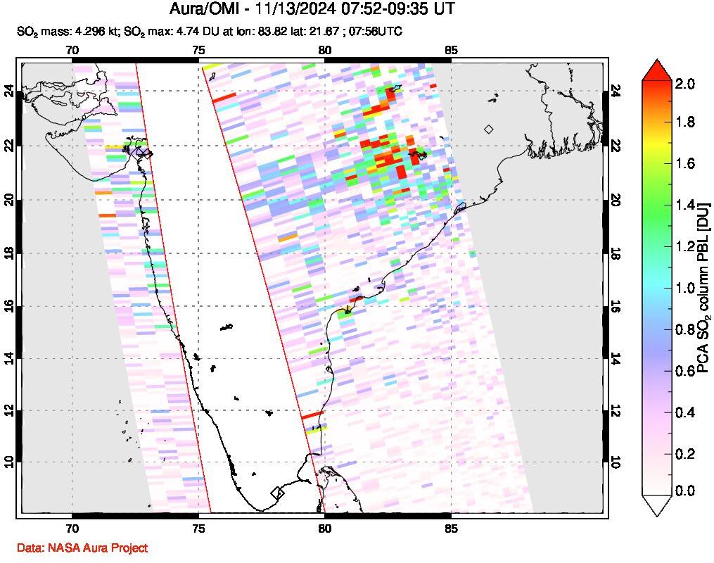 A sulfur dioxide image over India on Nov 13, 2024.