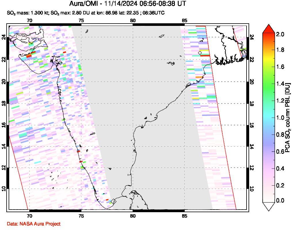 A sulfur dioxide image over India on Nov 14, 2024.