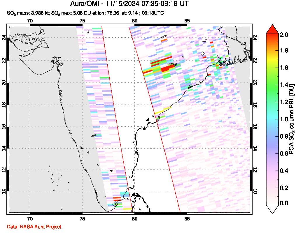 A sulfur dioxide image over India on Nov 15, 2024.