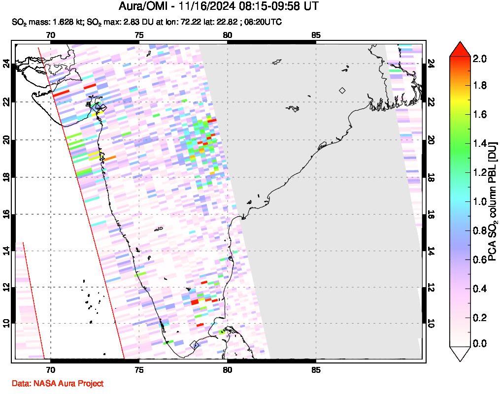 A sulfur dioxide image over India on Nov 16, 2024.