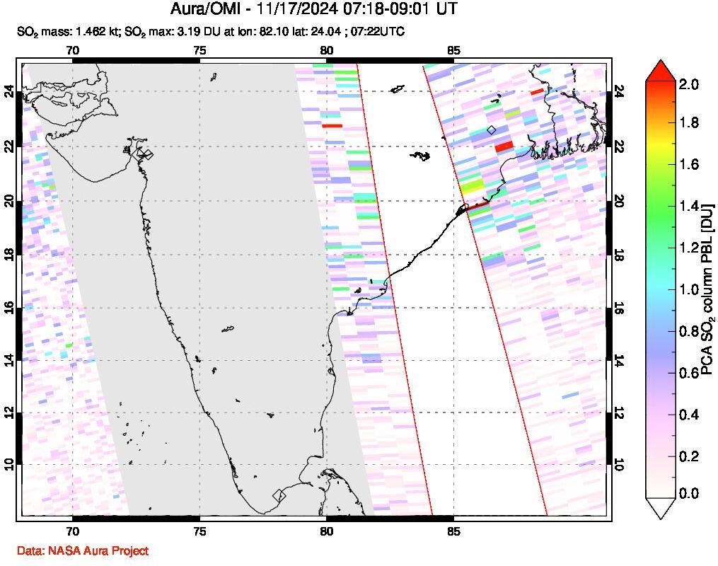 A sulfur dioxide image over India on Nov 17, 2024.