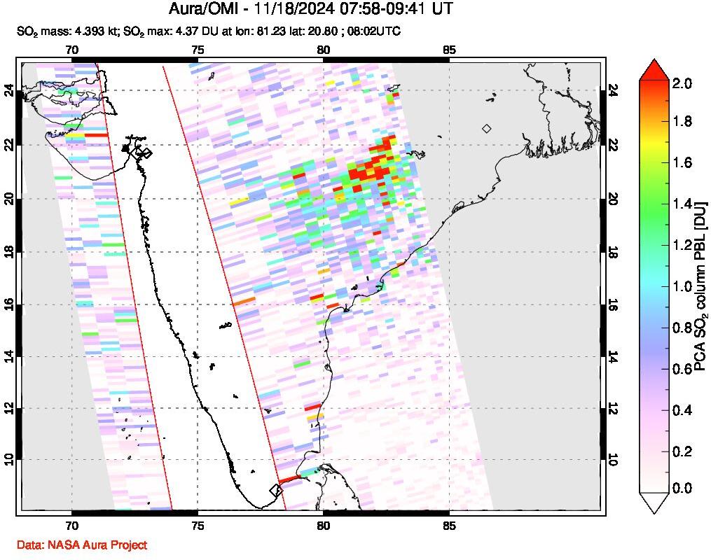 A sulfur dioxide image over India on Nov 18, 2024.