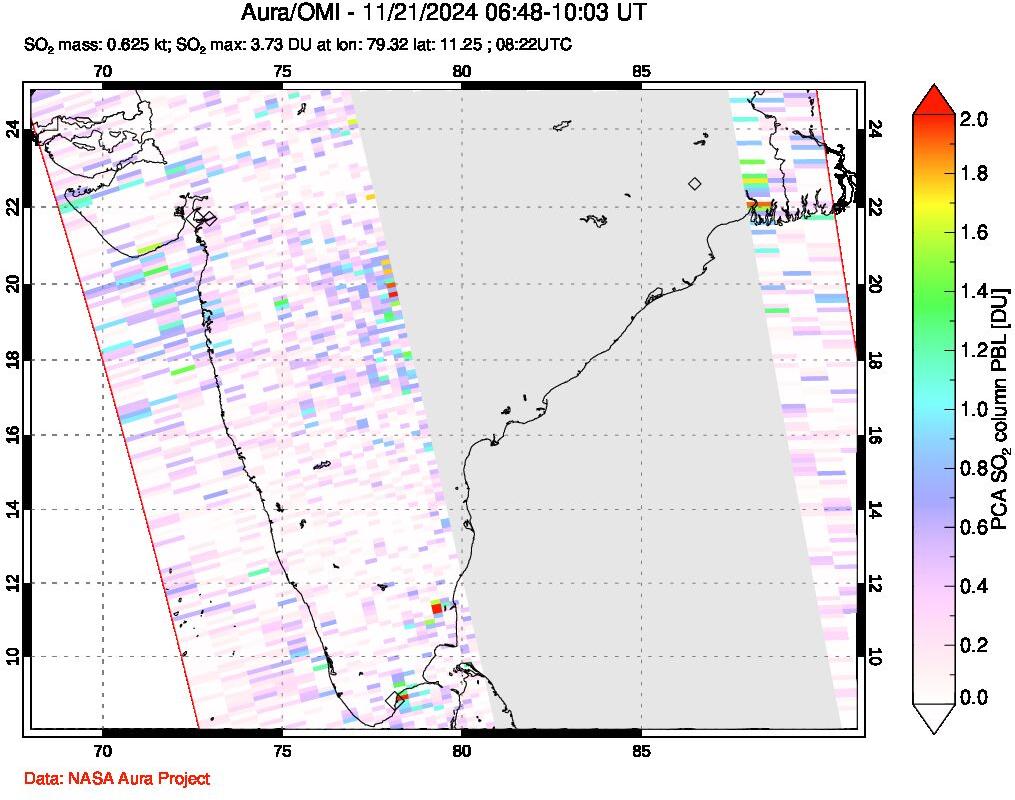 A sulfur dioxide image over India on Nov 21, 2024.