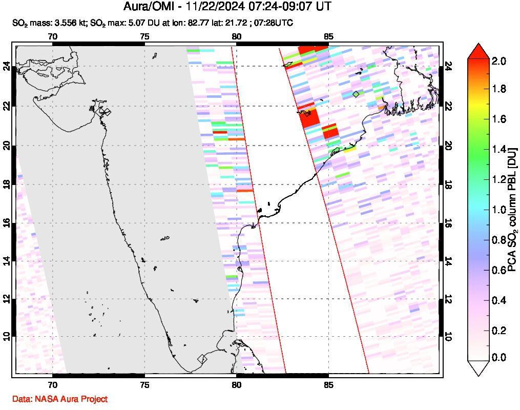 A sulfur dioxide image over India on Nov 22, 2024.