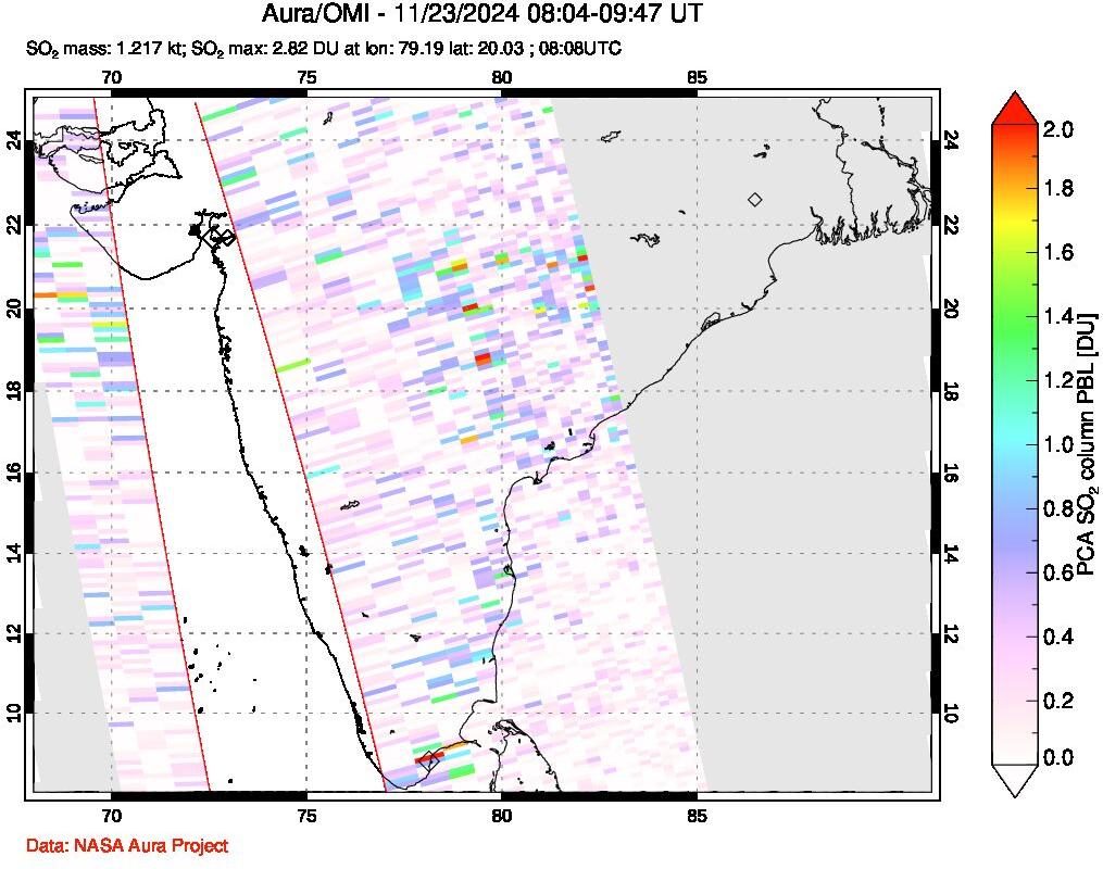 A sulfur dioxide image over India on Nov 23, 2024.