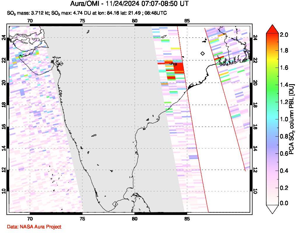 A sulfur dioxide image over India on Nov 24, 2024.