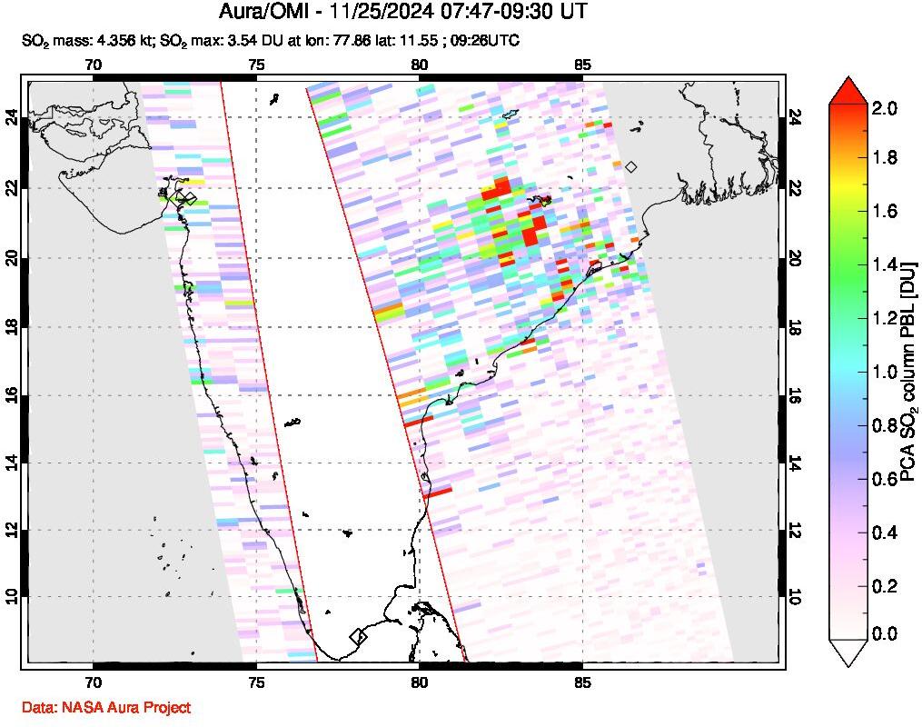 A sulfur dioxide image over India on Nov 25, 2024.