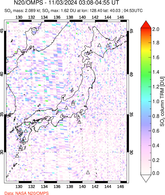 A sulfur dioxide image over Japan on Nov 03, 2024.