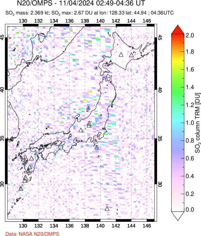 A sulfur dioxide image over Japan on Nov 04, 2024.