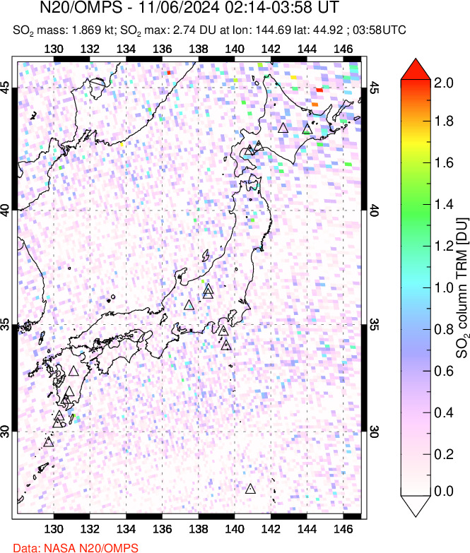 A sulfur dioxide image over Japan on Nov 06, 2024.