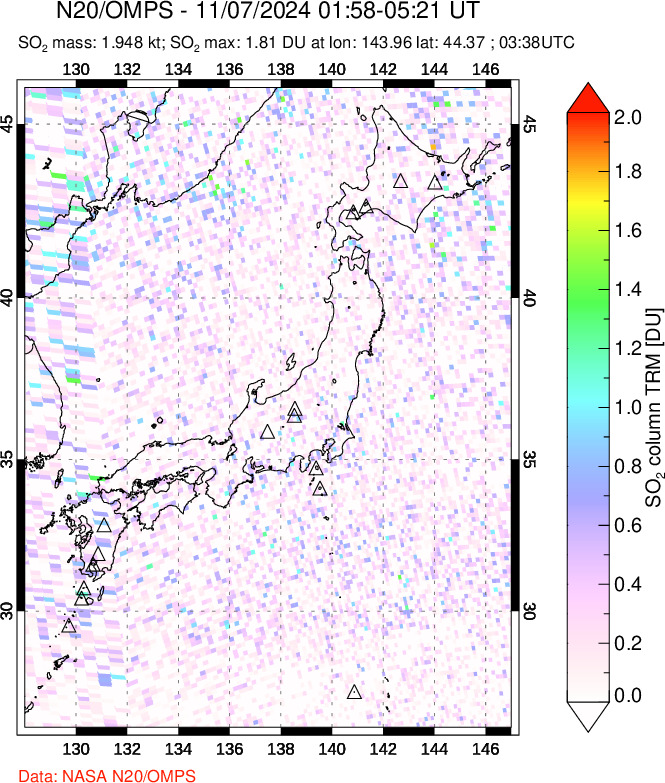 A sulfur dioxide image over Japan on Nov 07, 2024.