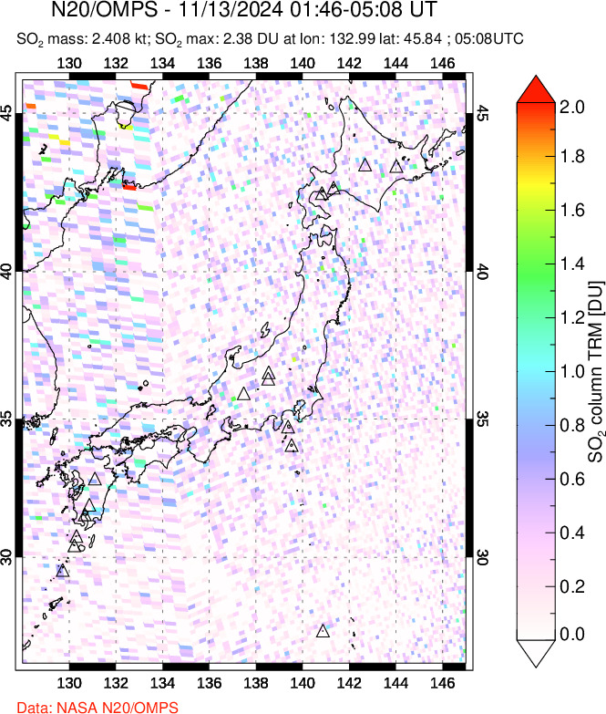 A sulfur dioxide image over Japan on Nov 13, 2024.