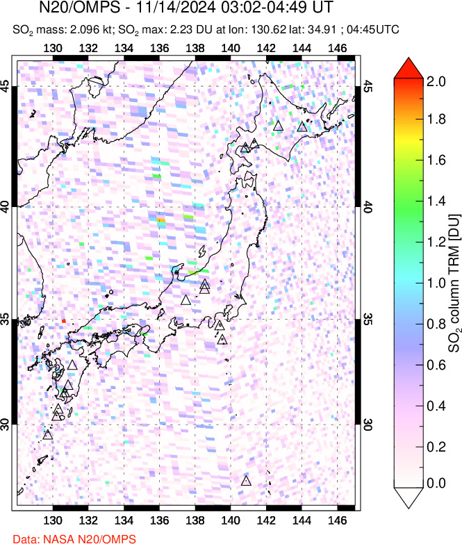 A sulfur dioxide image over Japan on Nov 14, 2024.