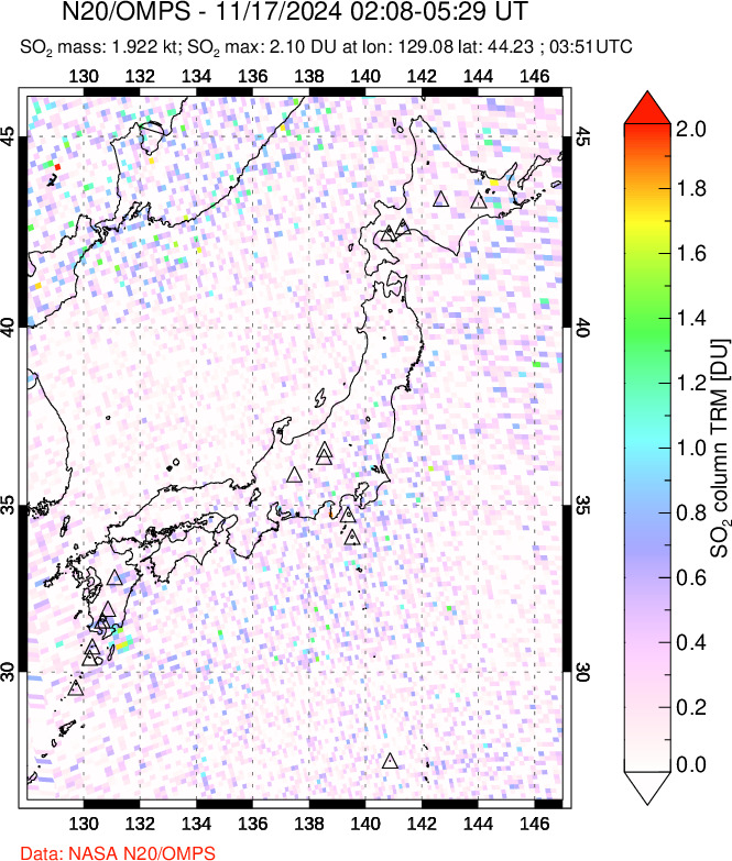 A sulfur dioxide image over Japan on Nov 17, 2024.