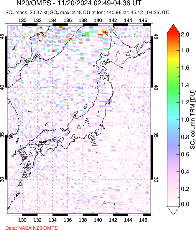 A sulfur dioxide image over Japan on Nov 20, 2024.