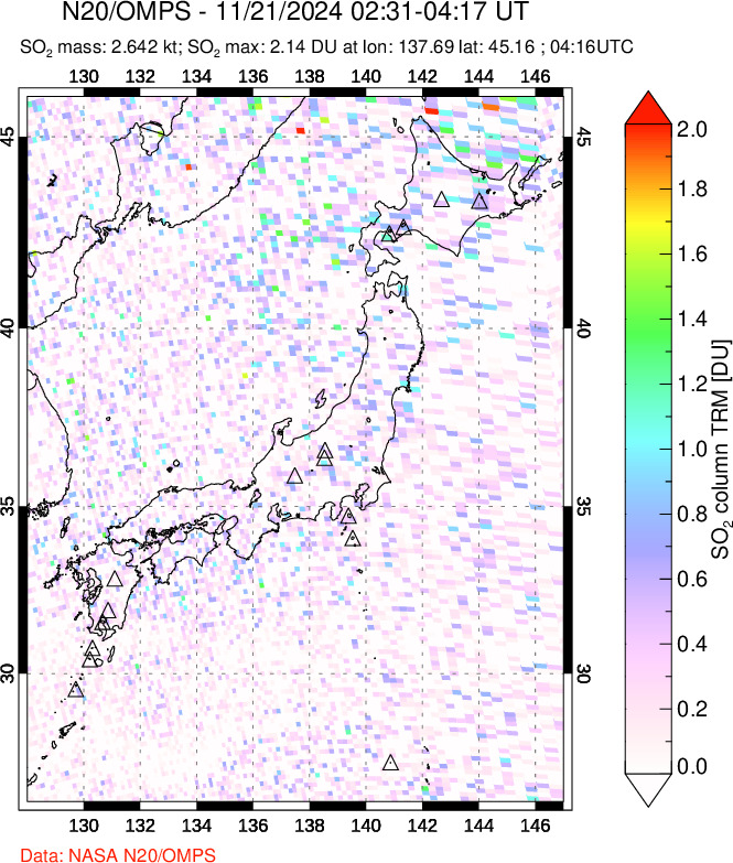 A sulfur dioxide image over Japan on Nov 21, 2024.