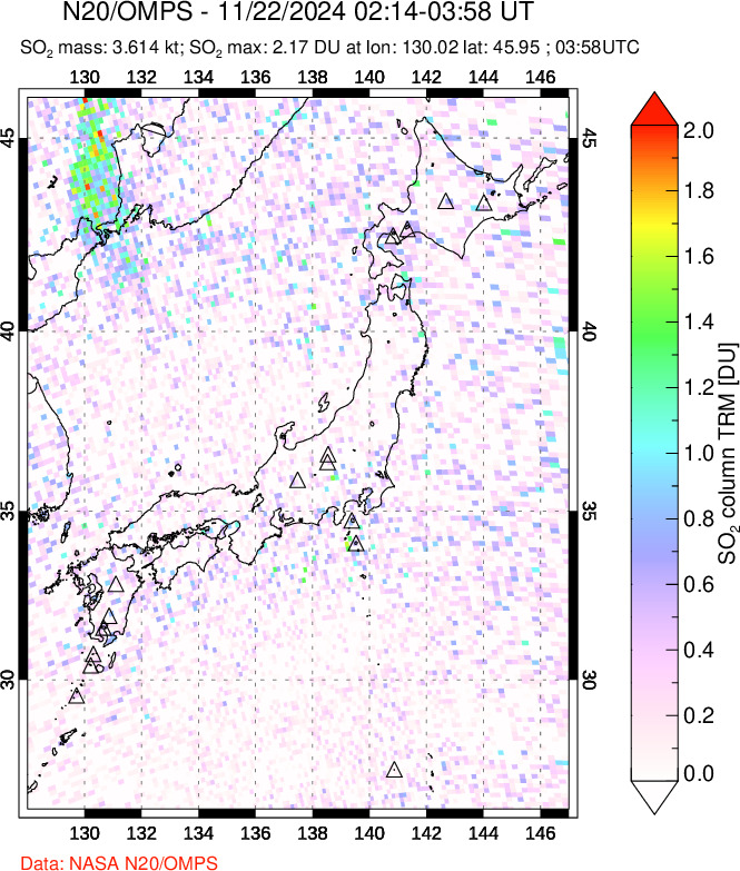 A sulfur dioxide image over Japan on Nov 22, 2024.