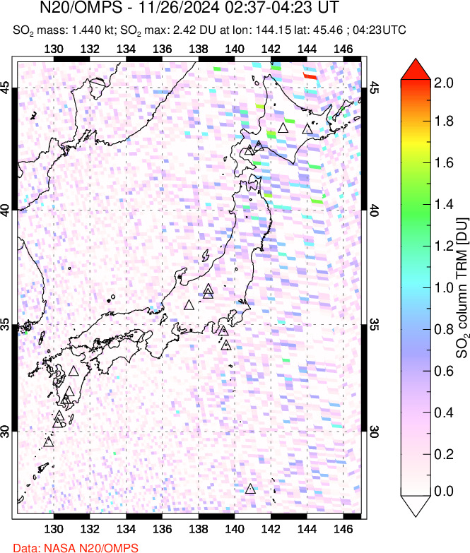 A sulfur dioxide image over Japan on Nov 26, 2024.